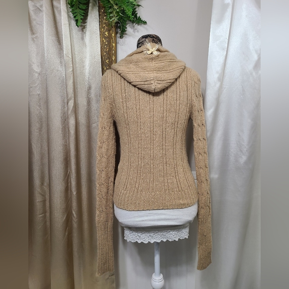 ♡ Y2K ♡ Hollister Tan Wool & Rabbit Hair Zip Down Hooded Babydoll Sweater 2000s - Picture 8 of 13